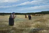Working Hard by Allen Sapp, 1974, acrylic on canvas, sold Sep 2022