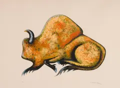 Bison at Rest by Benjamin Chee Chee, colour serigraph on paper, sold Aug 2022