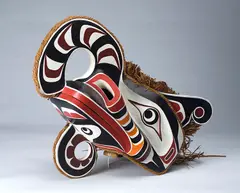 Crooked Beak Mask by Beau Dick, carved cedar, bark, acrylic, sold Aug 2022