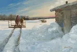 Going By Neighbour’s Home by Allen Sapp, 1974, acrylic on canvas, sold Aug 2022