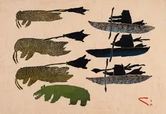 Hunters by Parr, stonecut on paper, sold Aug 2022