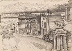 Ladysmith Post Office by E. J. Hughes, graphite on paper, sold Jul 2022