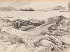 Nanaimo-Bound Freighter by E. J. Hughes, graphite on paper, sold Jul 2022