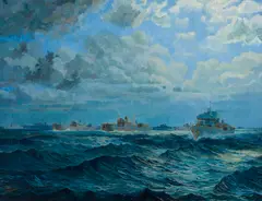 Moonlit Convoy by Thomas Harold Beament, 1944, oil on canvas, sold Jul 2022
