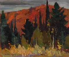 Autumn Hill / Gathering Hay (verso) by Frank Leonard Brooks, double-sided oil on board, sold Jul 2022