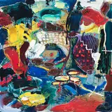 Bridge by Philip Iverson, 2000, mixed media on board, sold Jul 2022