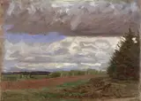 Feld mit Tannen rechts by Leopold Graf von Kalckreuth, Öl auf Holz, sold Dec 2007