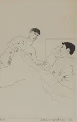 According to Prescriptions of Ancient Magicians' aus: 'illustrations for fourteen poems from C.P. Cavafy by David Hockney, 1966, etching, sold Sep 2019