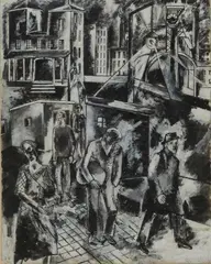 Ohne Titel (Staßenszene in Dortmund) by Gerta Overbeck, 1924, tempera, sold Sep 2019