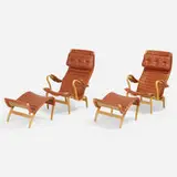 Pernilla 2 lounge chairs and Mifot ottomans, pair by Bruno Mathsson, 1943 / 1977, beech, leather, nylon, sold Nov 2022
