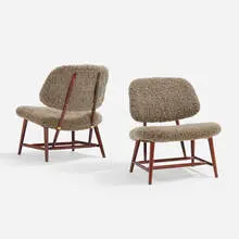 TeVe chairs, pair by Alf Svensson, 1953, stained birch, faux sheepskin, nickel-plated brass, sold Nov 2022