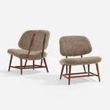 TeVe chairs, pair by Alf Svensson, 1953, stained birch, faux sheepskin, nickel-plated brass, sold Nov 2022