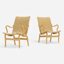 Pernilla chairs, pair by Bruno Mathsson, 1941 / 1977, laminated and steam-bent beech, canvas webbing, sold Nov 2022