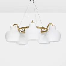 Christiansborg chandelier by Vilhelm Lauritzen, c. 1955, brass, milk glass, sold Nov 2022