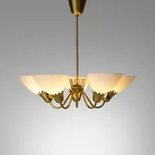 Chandelier by Carl-Axel Acking, c. 1955, brass, milk glass, sold Nov 2022