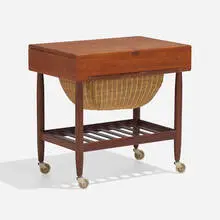 Sewing table by Ejvind A. Johansson, c. 1965, teak, wicker, sold Nov 2022