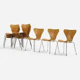 Sevener dining chairs model 3107, set of twelve by Arne Jacobsen, 1955 / 1976, molded pine plywood, chrome-plated steel, plastic, sold Nov 2022