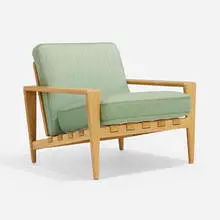 Bodö lounge chair by Svante Skogh, 1957, oak, upholstery, leather webbing, sold Nov 2022