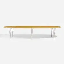 Super Ellipse dining table by Piet Hein and Bruno Mathsson Arne Jacobsen, 1986, bird's-eye maple, chrome-plated steel, sold Nov 2022