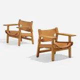 Spanish chairs, pair by Børge Mogensen, 1958, oak, leather, brass, sold Nov 2022
