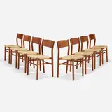 Dining chairs model 157, set of eight by Børge Mogensen, 1953, teak, jute, sold Nov 2022