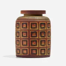 Important Farsta lidded vessel by Wilhelm Kåge, 1962, glazed stoneware, sold Nov 2022