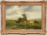 Weidende Kühe in weiter Landschaft by Cornelis Westerbeek, 1885, oil on canvas, offered Jun 2025