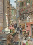 Belebte Strassenszene by Mario Cavaglieri, 1939, mixed media, offered Jun 2025