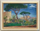 Südliche Landschaft mit Pinien und bebautem Hügel by Rudolf Högler, oil on board, offered Jun 2025