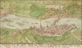 Prospect von der Statt Stein am Rhein / wie sie von der Nord-Seiten ab dem Schloss Hohen Klingen anzusehen ist [...] by Johann Heinrich Meister, watercolor, sold Jun 2025