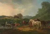 Die Rossweid, eine grosse, mit vielen Pferden staffierte Alpengegend im Appenzellerland by Conrad Gessner, oil on canvas, sold Jun 2025