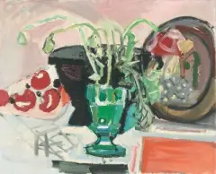 Stillleben mit Tomaten, Mohn und Teller by Max Gubler, oil on canvas, sold Jun 2025