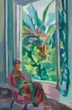 Lesende Frau in rotem Sessel vor offenem Fenster by Werner Hartmann, oil on canvas, sold Jun 2025
