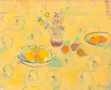 Stillleben auf gelbem Grund by Constantin Polastri, oil on canvas, sold Jun 2025