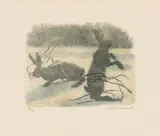 Lièvres by Robert Hainard, 1945, color woodcut, sold Jun 2025