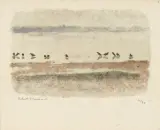 Vögel am Strand by Robert Hainard, color woodcut, sold Jun 2025