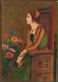 Sitzende, junge Frau in historisierendem Kostüm by René Lackerbauer, oil, sold Jun 2025
