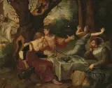 Vanitas: Der Tod überrascht eine fête chempêtre by Antwerpen, um 1530, oil on panel, sold Mar 2025