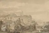Bergige Landschaft mit einem Fluss und Reisenden by Abraham Rademaker, pen and ink, sold Mar 2025