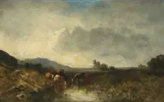Landschaft mit Kühen an der Tränke by Léon-Victor Dupré, oil on canvas, sold Mar 2025