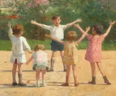Spielende Kinder by Victor Gilbert, oil on panel, sold Mar 2025