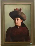 Bildnis einer Dame mit Pelzhut by S. Meckler, 1890, oil on canvas, offered Mar 2025