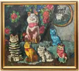 Katzen Sparschwein by Max Avadievich Birshtein, 1991, oil on canvas, sold Mar 2025