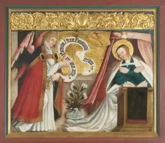 Verkündigung an Maria, verso Christophorus mit dem Jesuskind by Caspar Hagenbuch d.Ä., oil on panel, sold Mar 2025