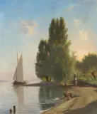 Scène animée à la pointe de Bellerive by François Bocion, 1858, oil on canvas, sold Mar 2025