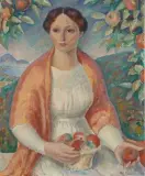 Bäuerin mit Früchtekorb in einer Landschaft by Théophile Robert, 1916, oil on canvas, sold Mar 2025