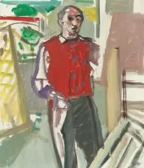 Selbstbildnis mit rotem Pullover, Unterengstringen by Max Gubler, oil on canvas, offered Mar 2025
