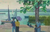 Blick auf das linke Zürichseeufer vom Hafen Riesbach aus by Leo Deck, 1958, oil, sold Mar 2025