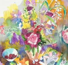 Blumenstillleben mit Kirschen by Samuel Buri, 1988, watercolor, sold Mar 2025