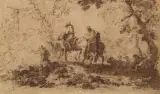 Zwei Reiter und ein Pferdetreiber in einer Waldlandschaft, verso Skizze einer sitzenden Figur, die eine Herde an einer Wasserstelle hütet by Salvator Rosa, pen and ink, sold Dec 2024